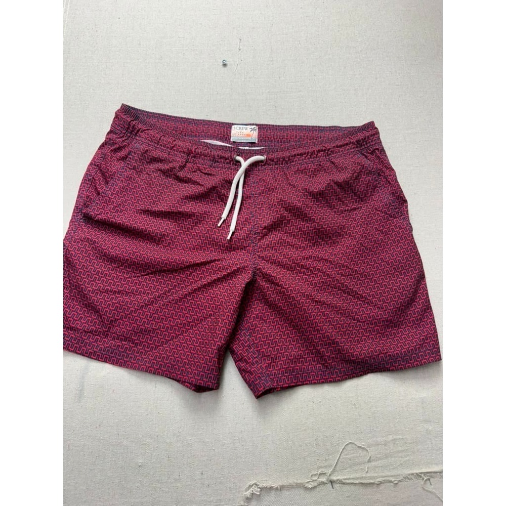 J.Crew Flex Swimwear Mens Medium Red Navy Print Swim Trunks Shorts [A206]